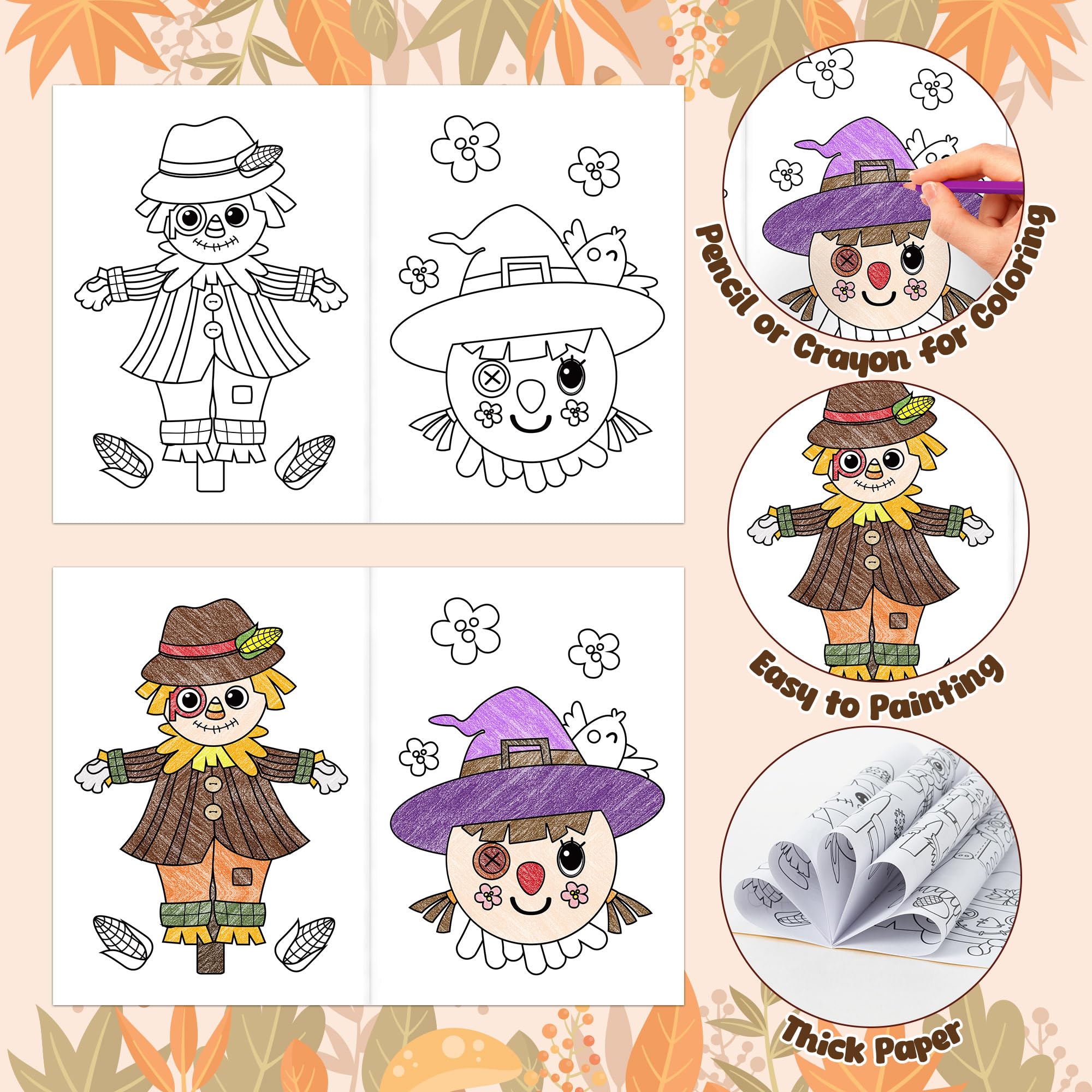 JAPBOR Fall Scarecrow coloring book inside page 2 – varied styles encourage focus.