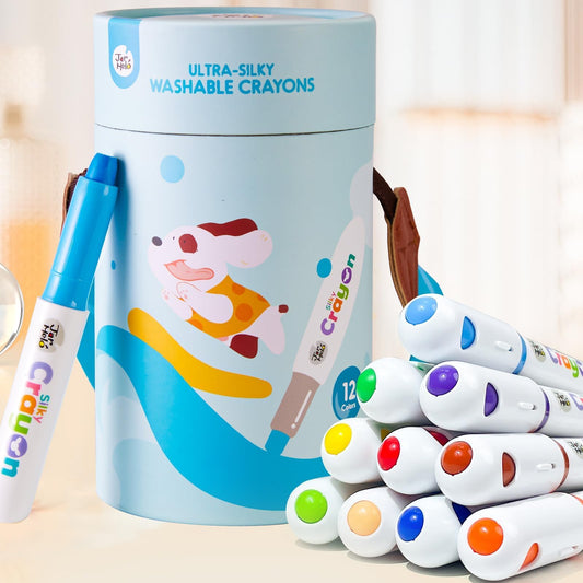 Jar Melo Jumbo washable crayons with 12 colors for vibrant toddler art sessions.