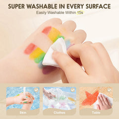 Jar Melo Jumbo Washable Crayons color on fabric shows easy-clean capability.