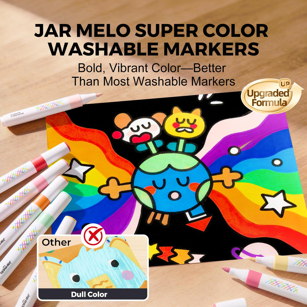 Jar Melo markers shown in action for bold, kid-friendly artwork.