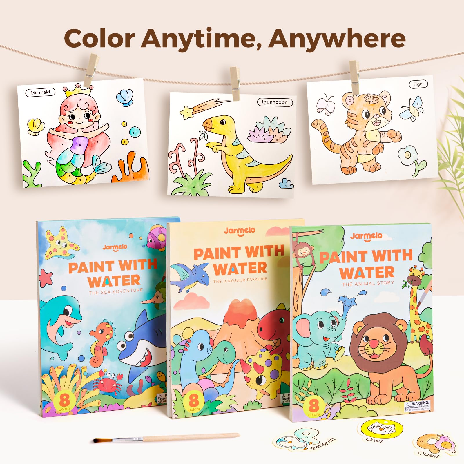 Jar Melo paint with water book brush slot page keeps tools organized during trips.