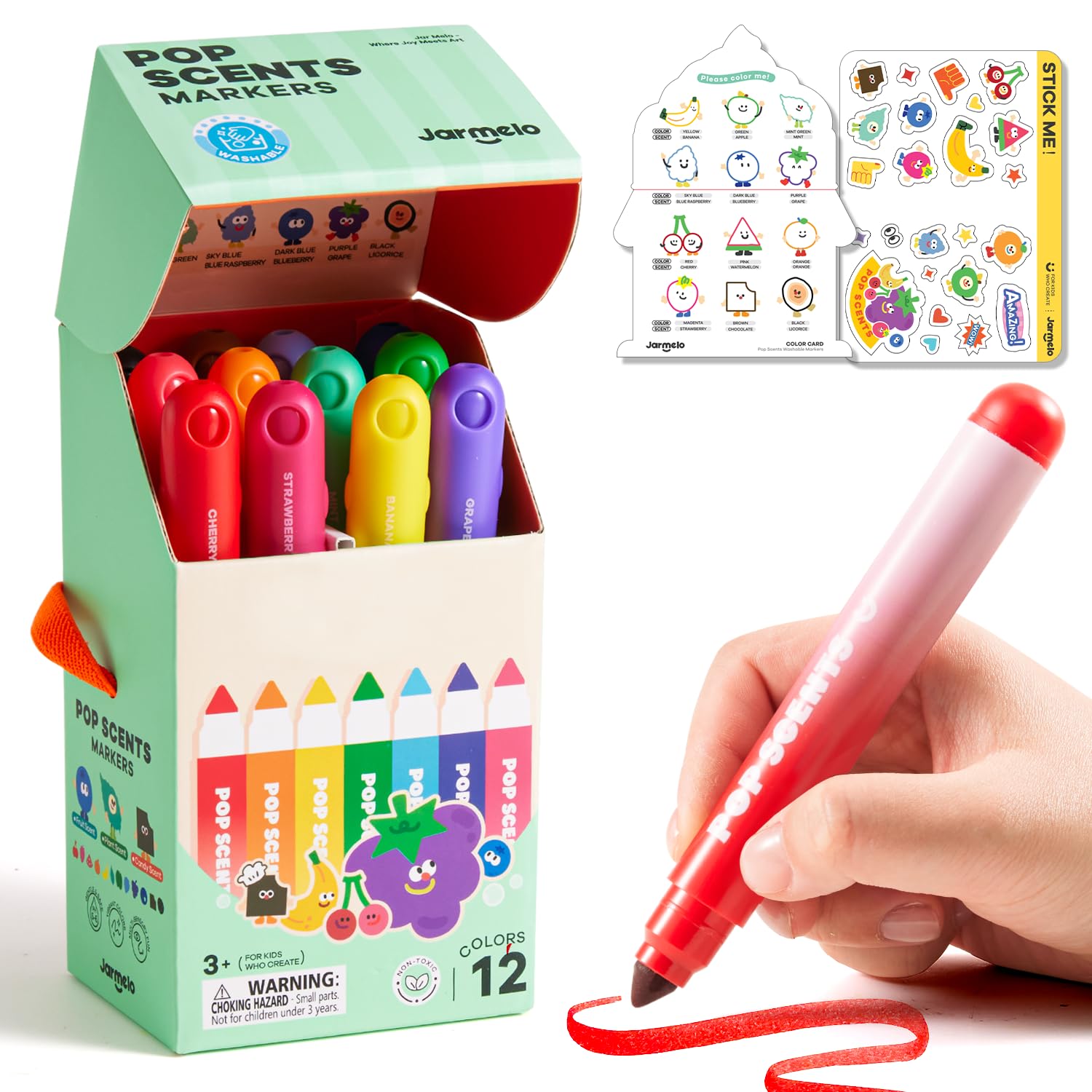 Jar Melo scented markers 12-color set in storage case prompts creative coloring sessions for kids.