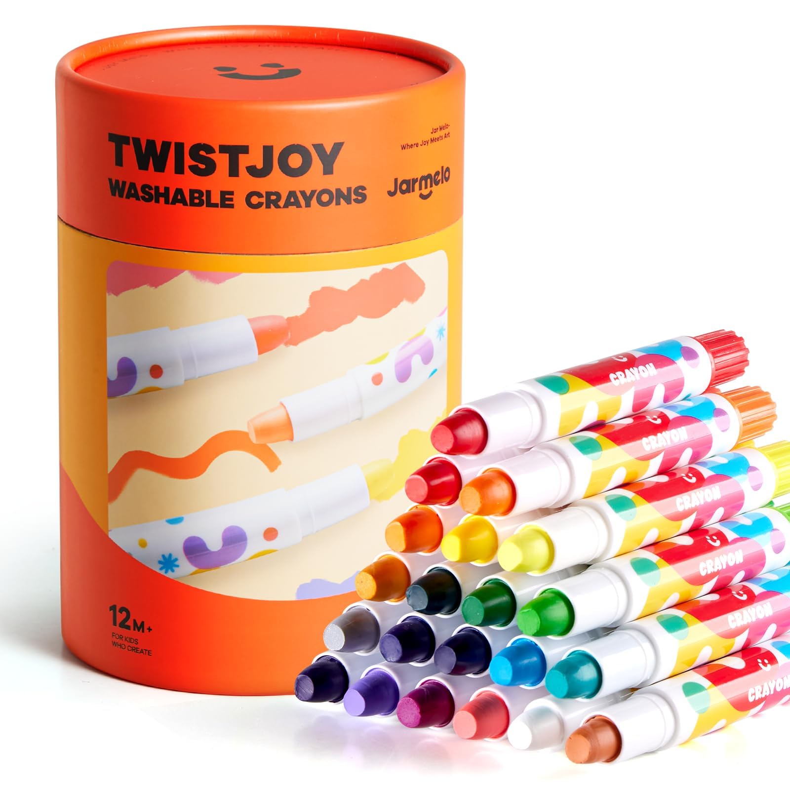 Jar Melo TwistJoy 24-color set in packaging, easy grip for toddlers.
