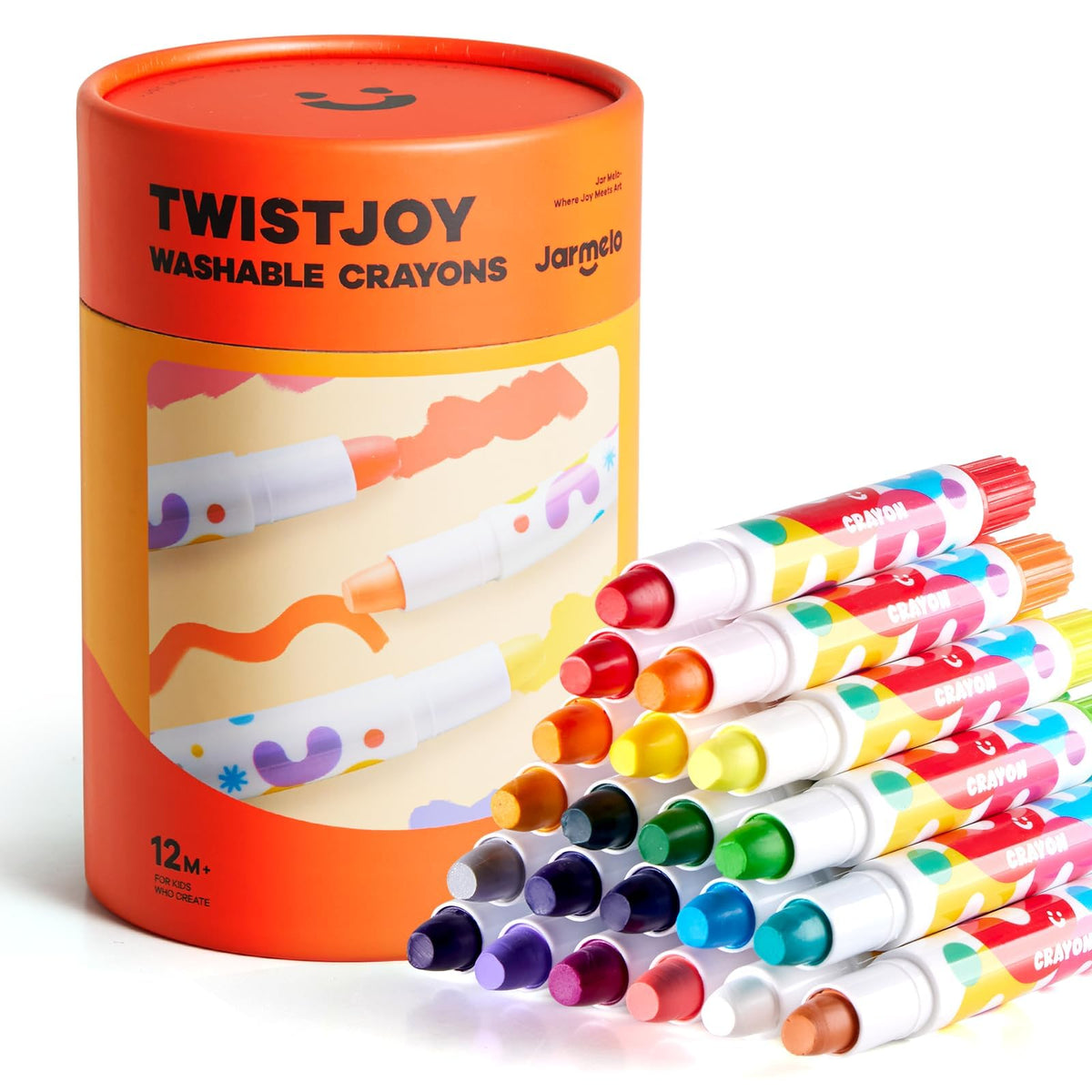 Jar Melo TwistJoy 24-color set in packaging, easy grip for toddlers.