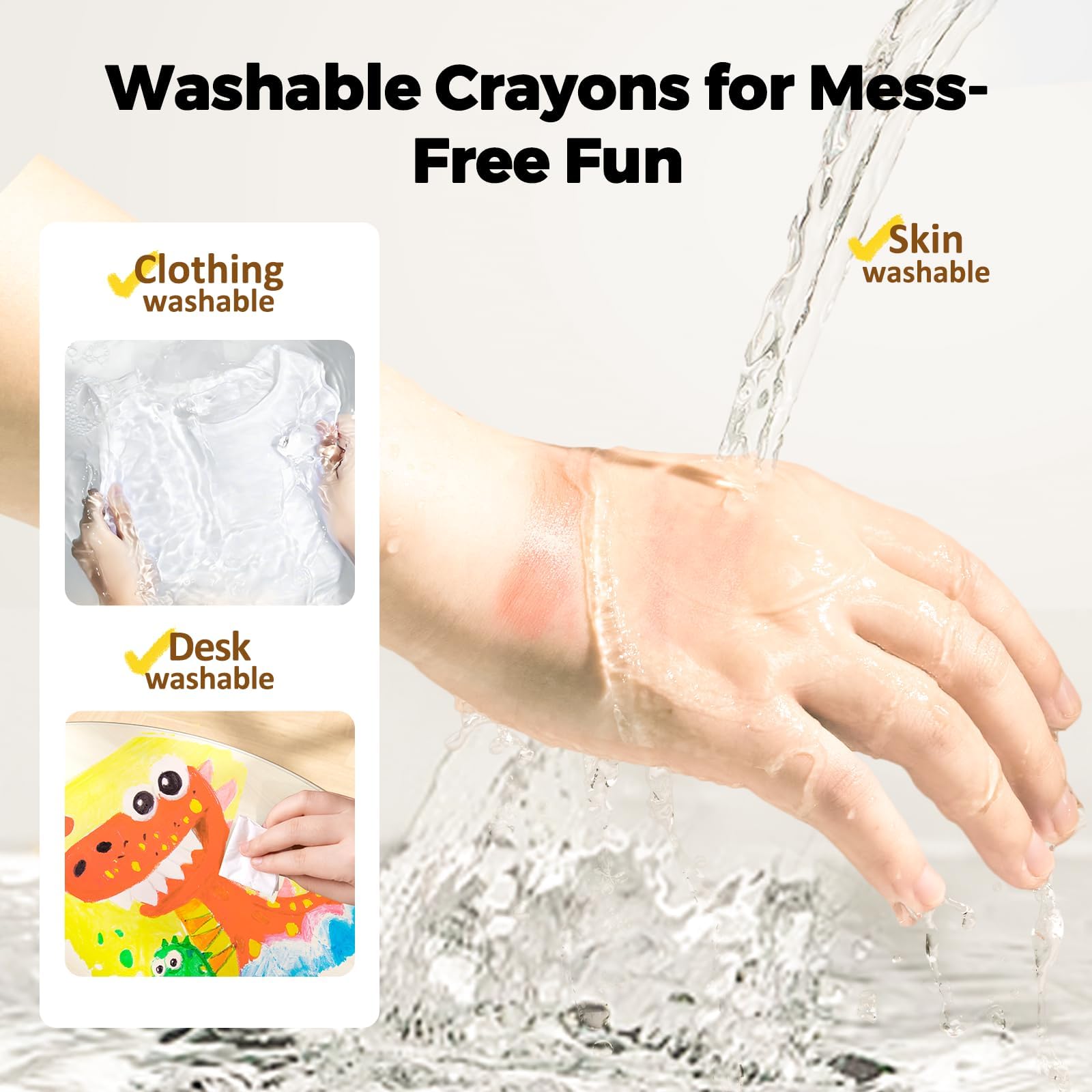 Jar Melo washable crayons wipe clean from skin or fabric.