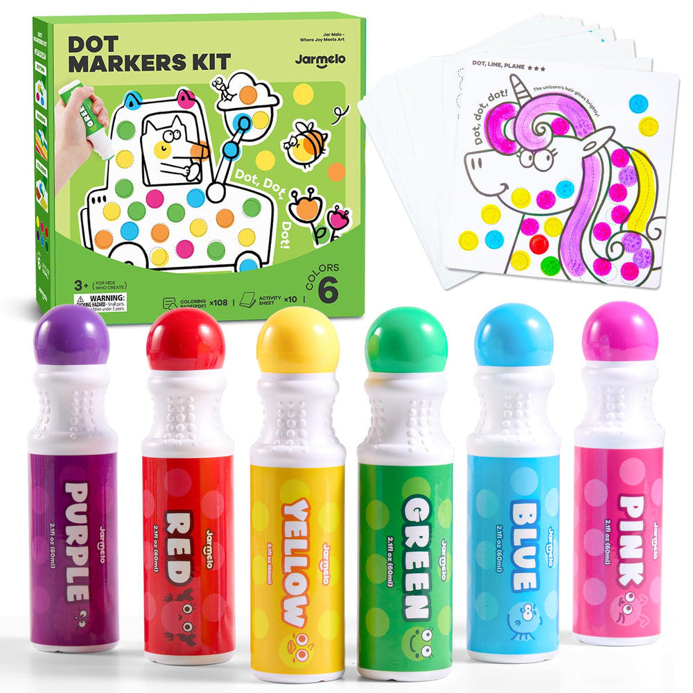 Jar Melo washable dot markers close-up showing bright dots for mess-free toddler art