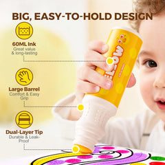 Jar Melo six-color set swatches displaying vibrant, washable ink for kids