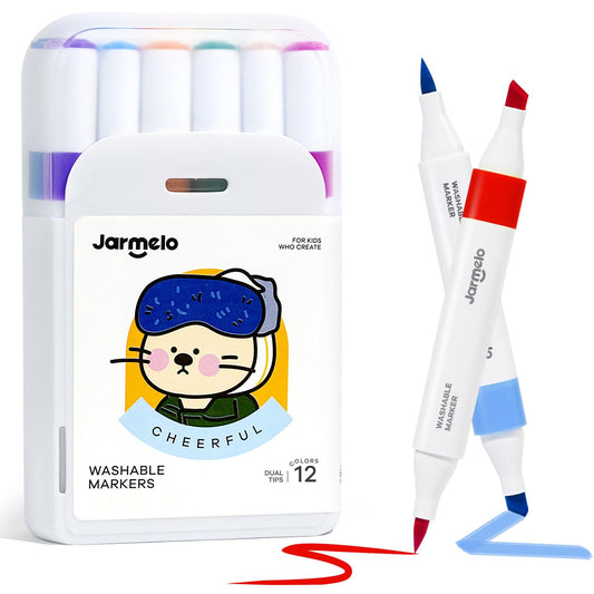 Jar Melo washable dual-tip markers with brush tip for detailed coloring and easy cleanup.
