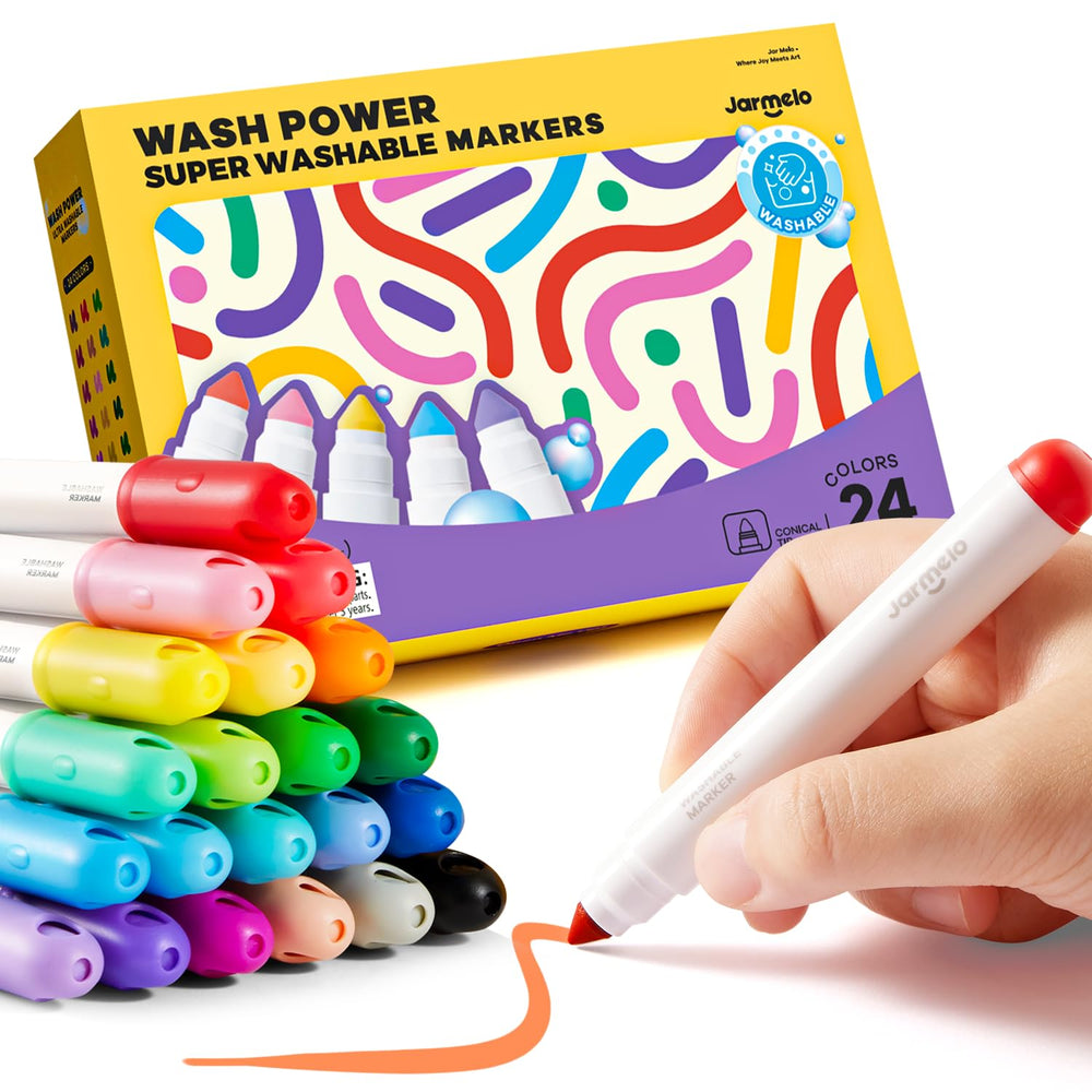 Jar Melo Washable Markers 24-color pack deliver vibrant hues for mess-free art.