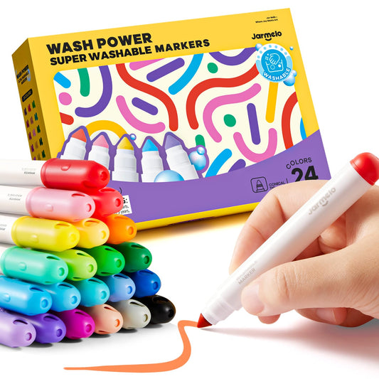 Jar Melo Washable Markers 24-color pack deliver vibrant hues for mess-free art.
