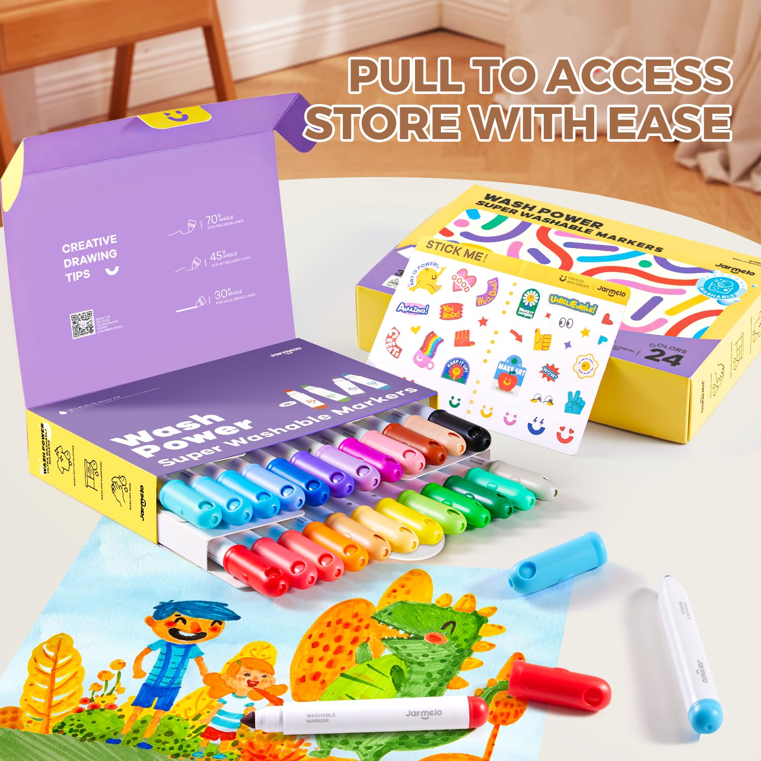 Jar Melo Washable Markers easy clean-up keeps walls and surfaces stain-free.