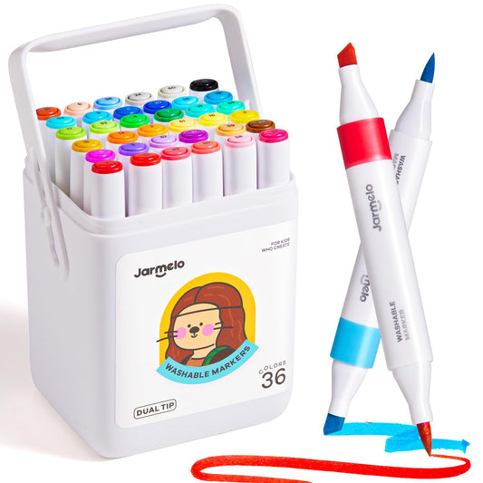 Jar Melo washable dual-tip markers with 36 colors for mess-free coloring.