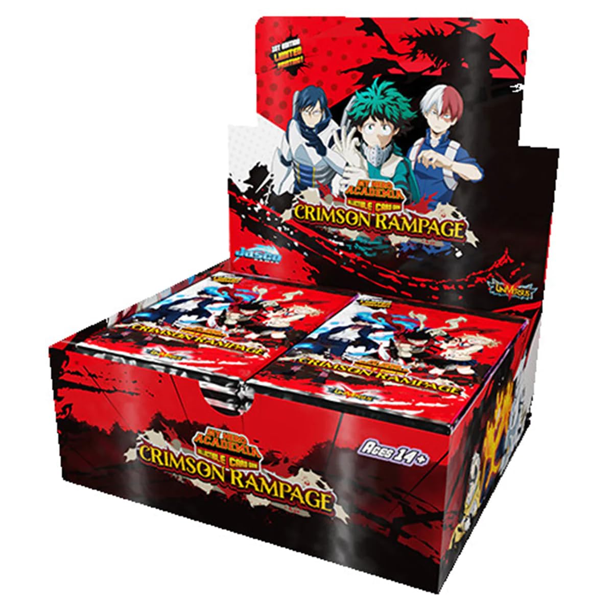 Jasco My Hero Academia Crimson Rampage booster display front with vibrant card art for collectors.