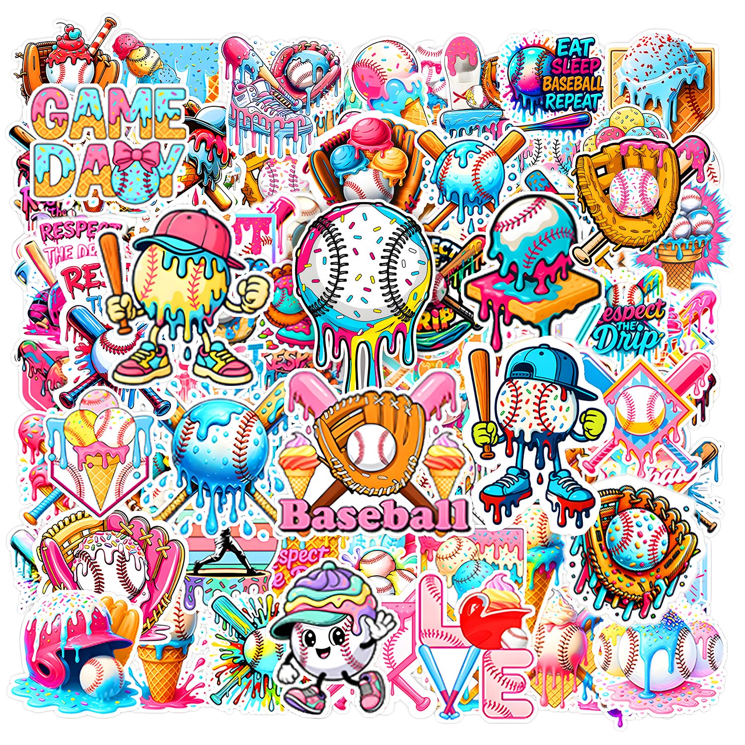 Jaskgom baseball ice cream drip stickers pack for vibrant team gear and party decor.