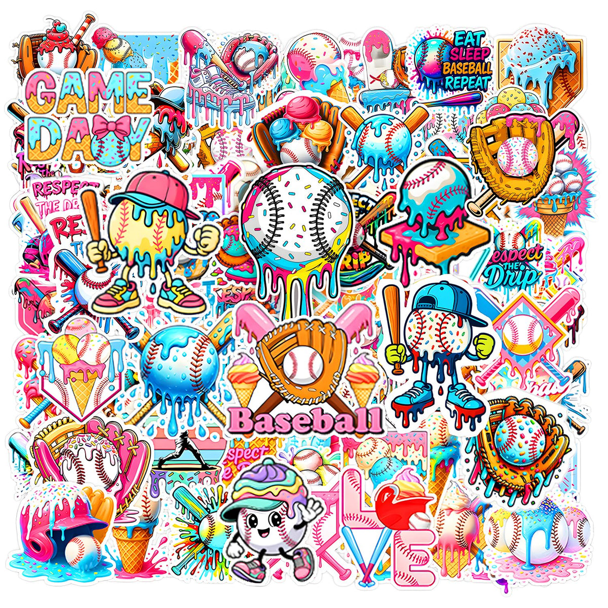 Jaskgom baseball ice cream drip stickers pack for vibrant team gear and party decor.