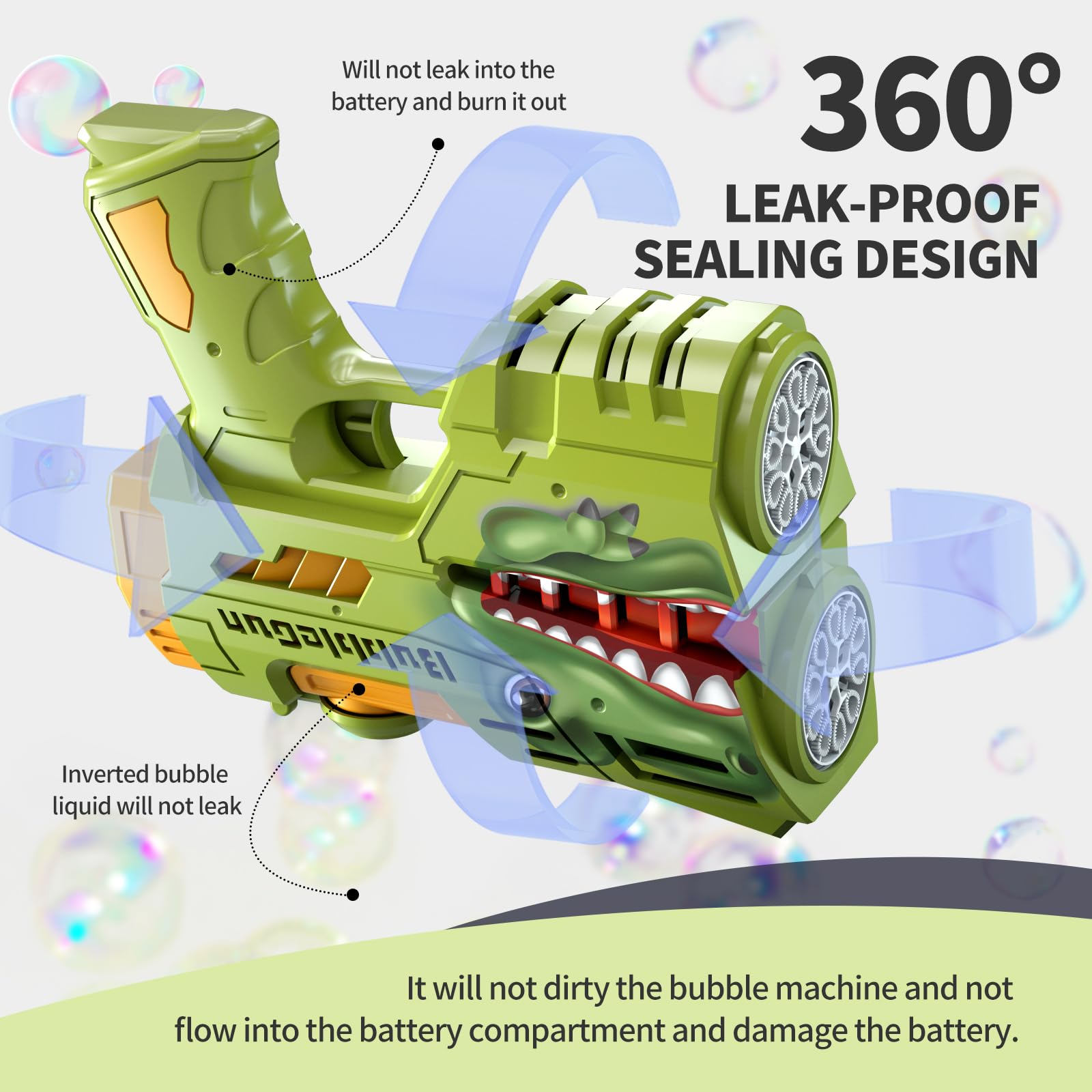 Jasny 360 leakproof bubble gun design prevents spills during active play.