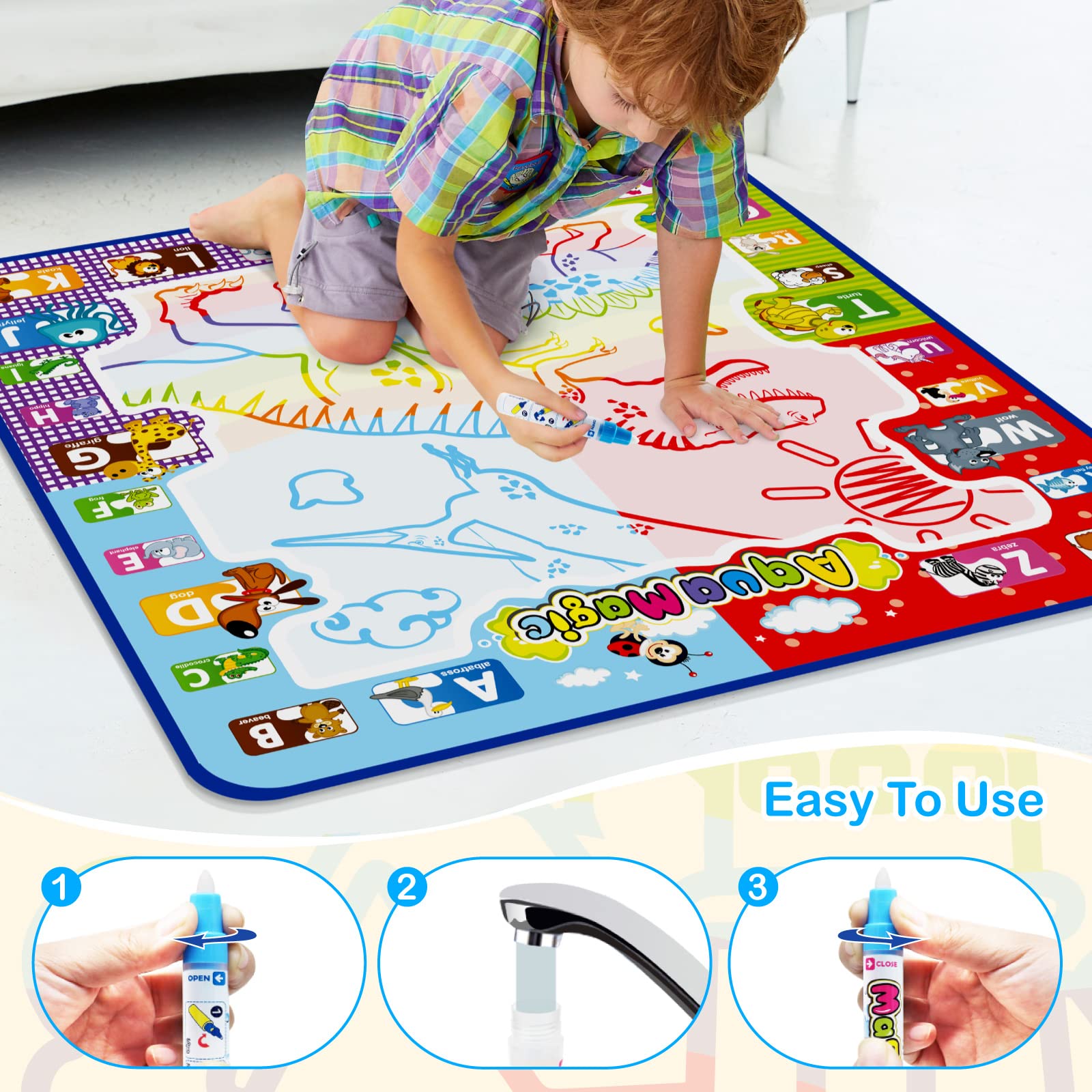 Jasonwell Aqua Water Doodle Mat spans 31 by 31 inches for expansive art