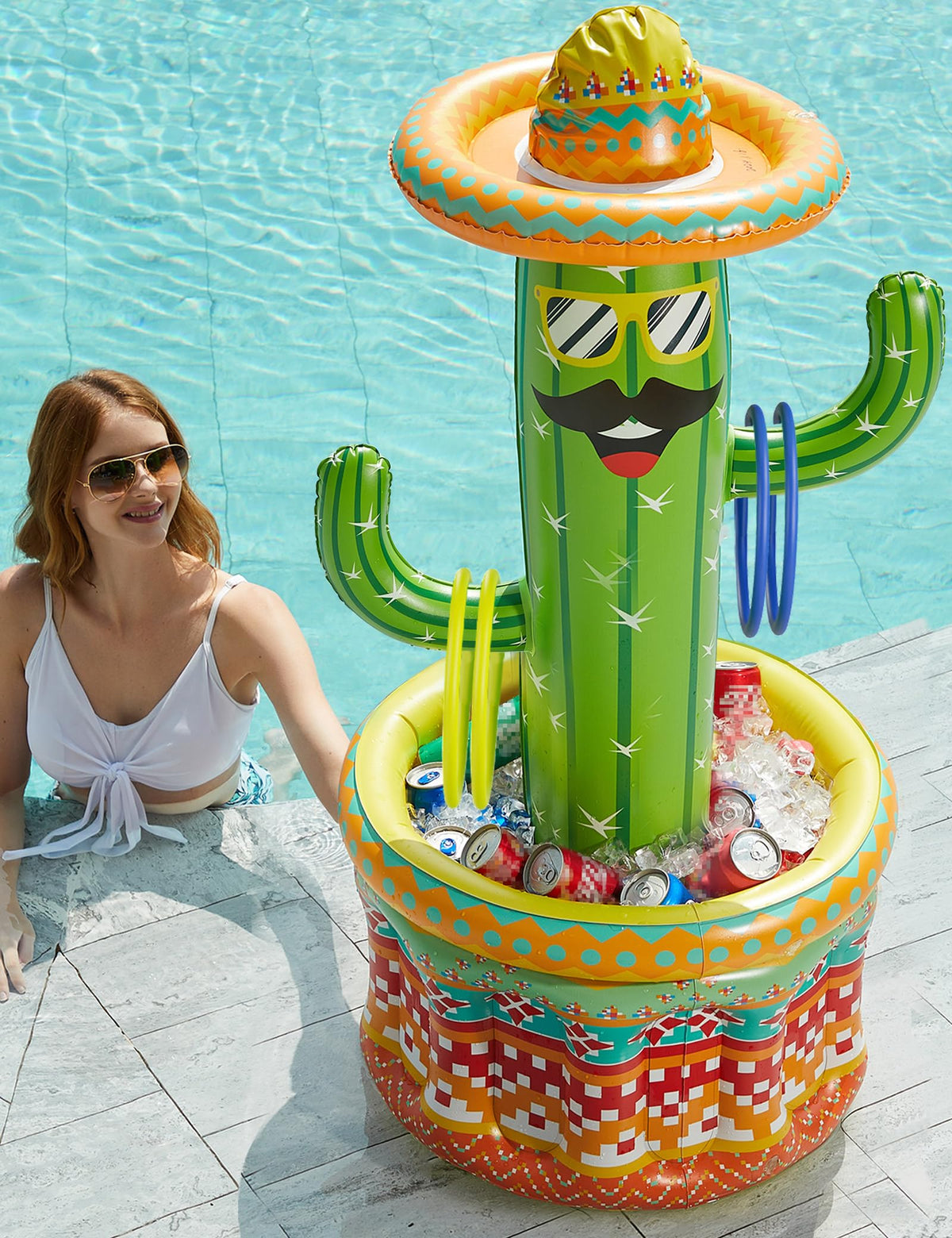 Jasonwell Fiesta Cactus inflatable ice bucket keeps drinks cold at outdoor parties.