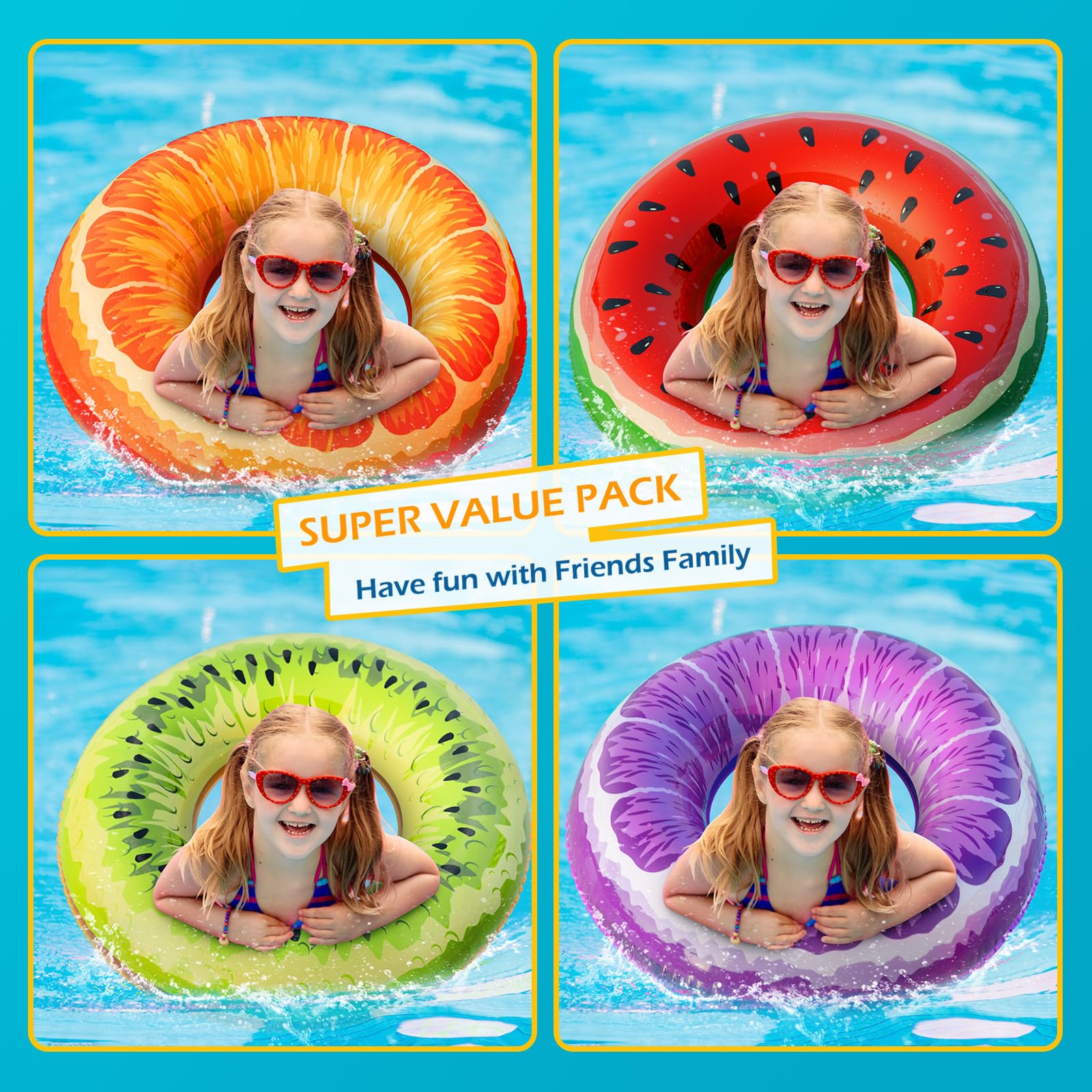 Jasonwell kiwi pool float, side view, adds playful color to family pool day.