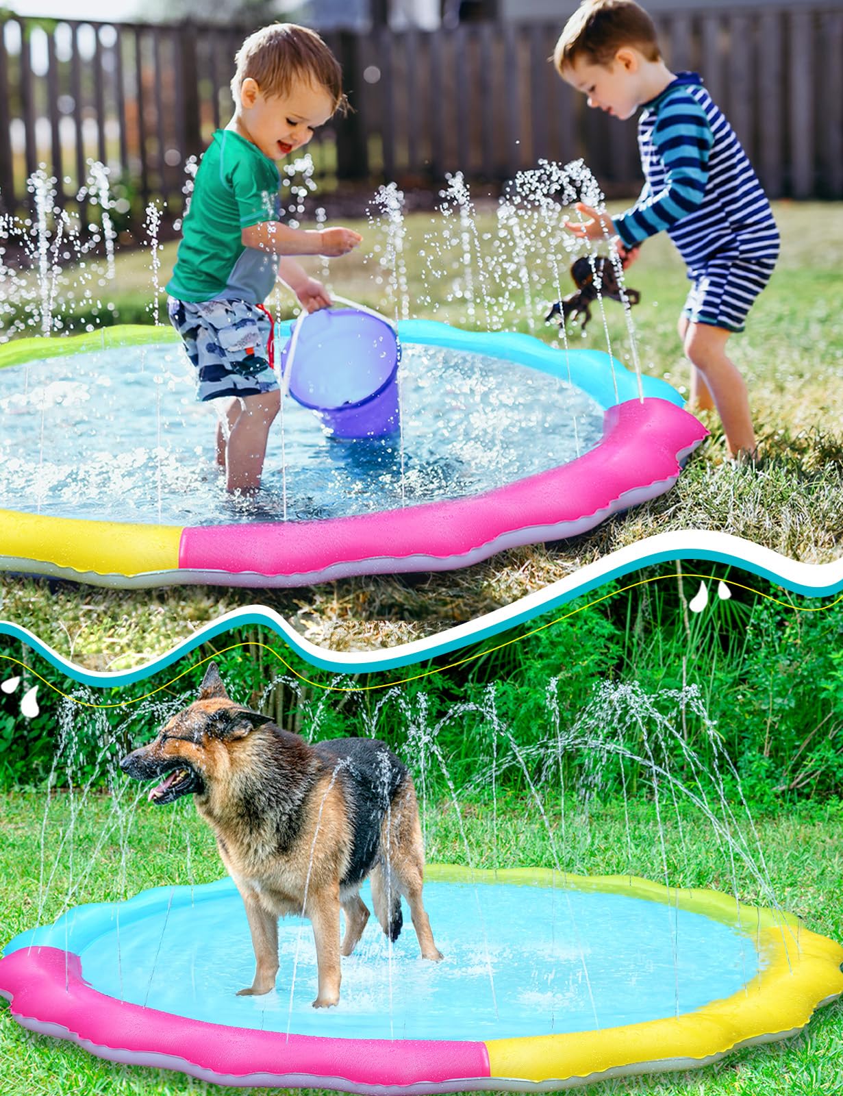 Jasonwell Splash Pad easy-setup with garden hose for quick use.
