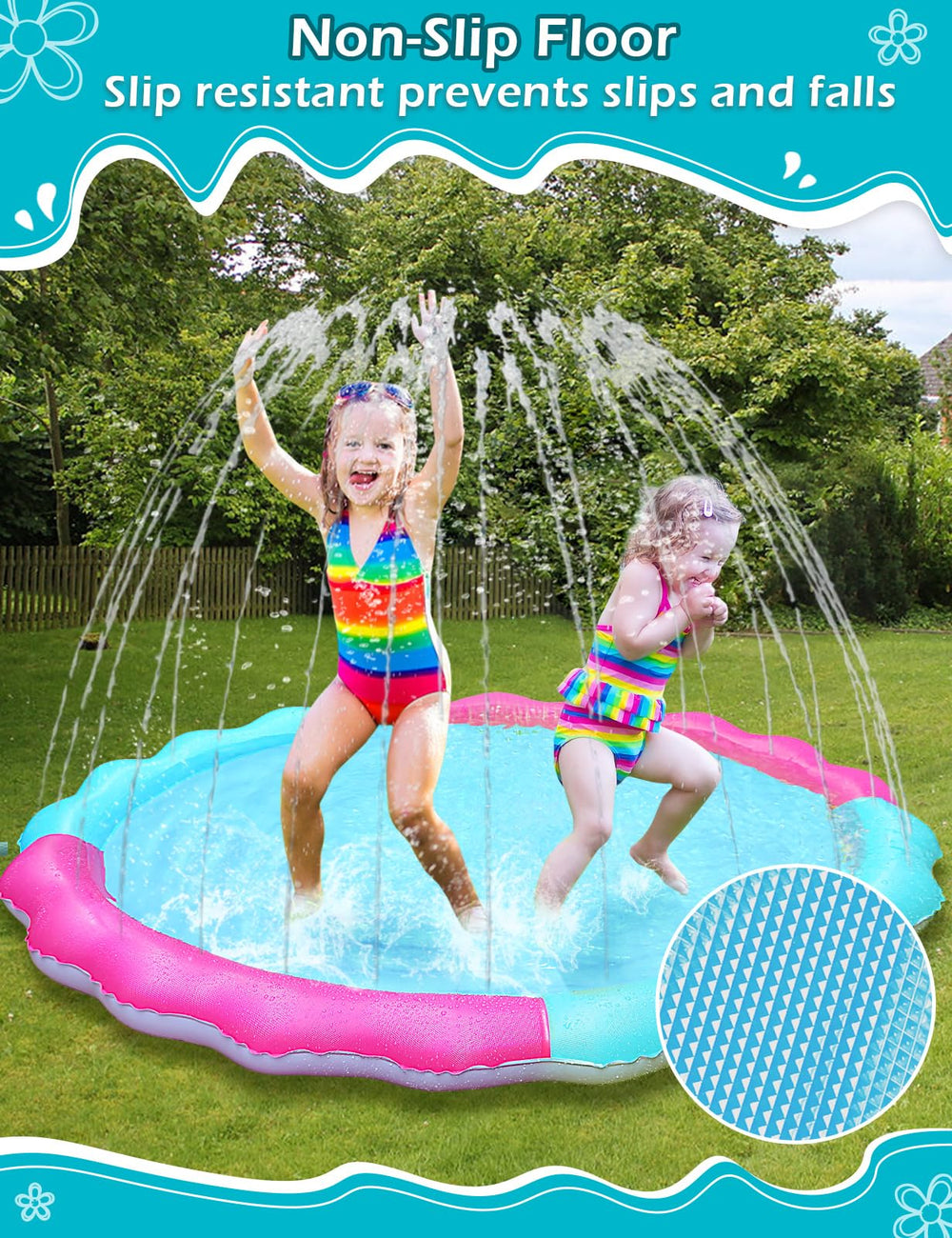 Jasonwell Splash Pad easy setup with garden hose for quick outdoor play.