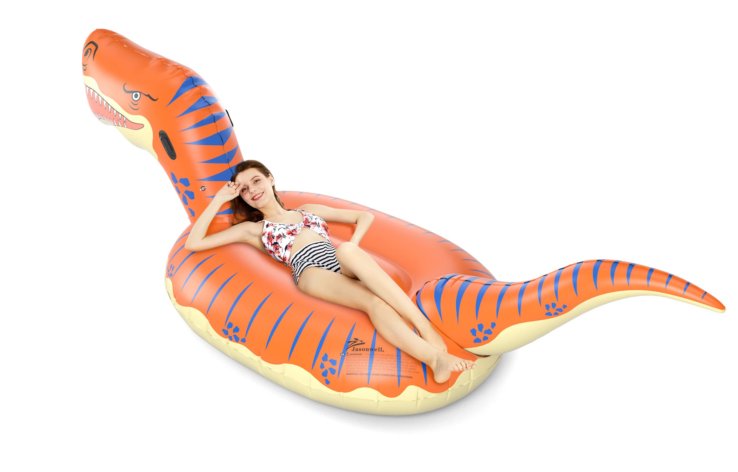 Jasonwell T-Rex raft used by adults lounging in sun.