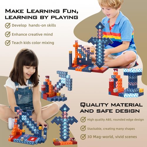 JauniQ magnetic blocks furnace and red rocks highlight structural accents during play.