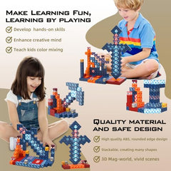 JauniQ magnetic blocks furnace and red rocks highlight structural accents during play.