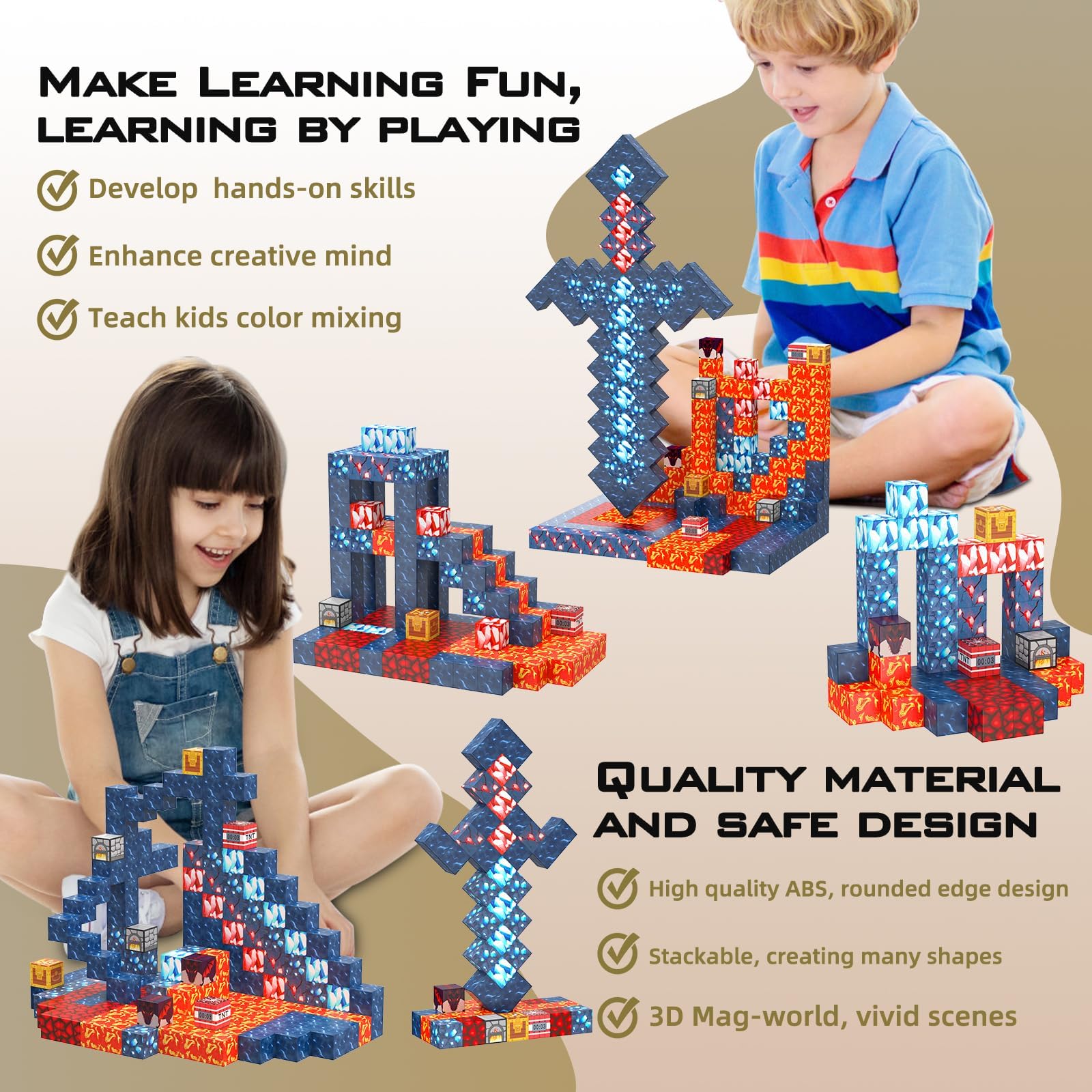 JauniQ magnetic blocks wooden storage box keeps pieces neatly organized.