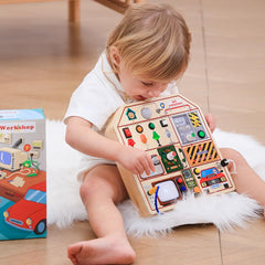 JAUNTY Busy Board LED switches close-up highlighting sensory light interactions.