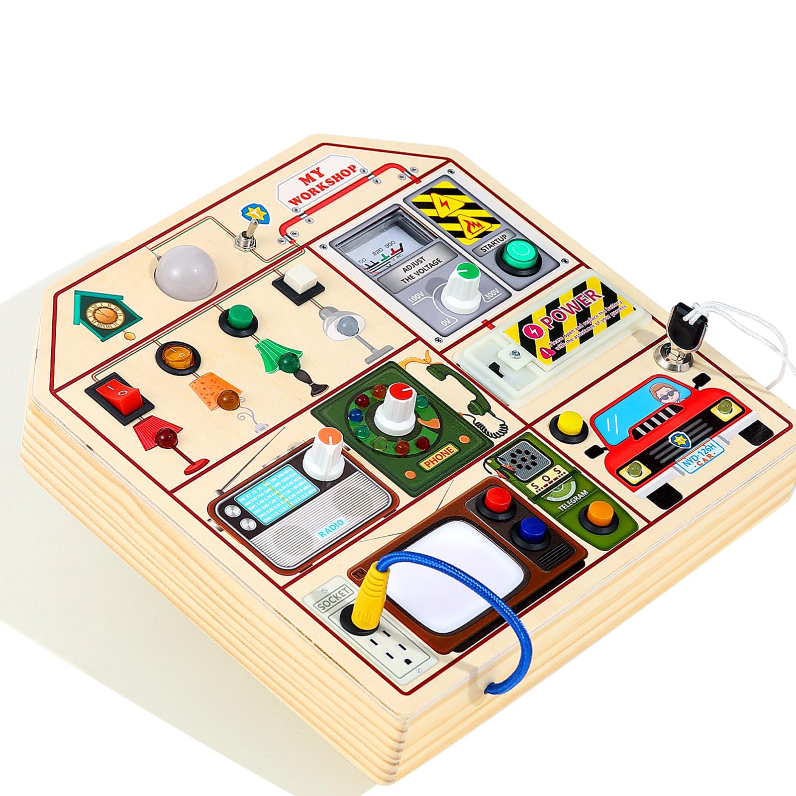 JAUNTY Busy Board radio and TV dials demonstrating imaginative role-play features.