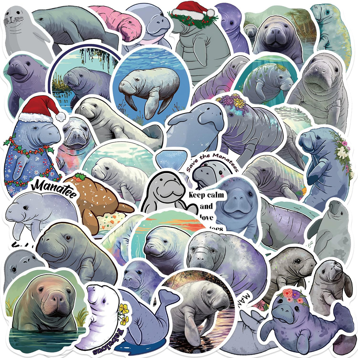 Jaurney Manatee stickers on a water bottle for durable, playful decoration.