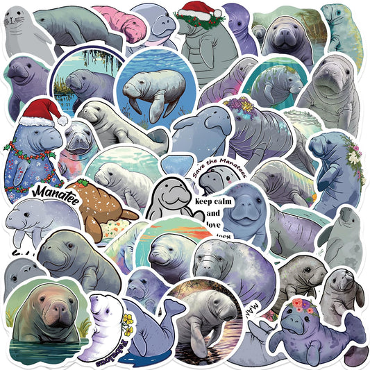 Jaurney Manatee stickers on a water bottle for durable, playful decoration.