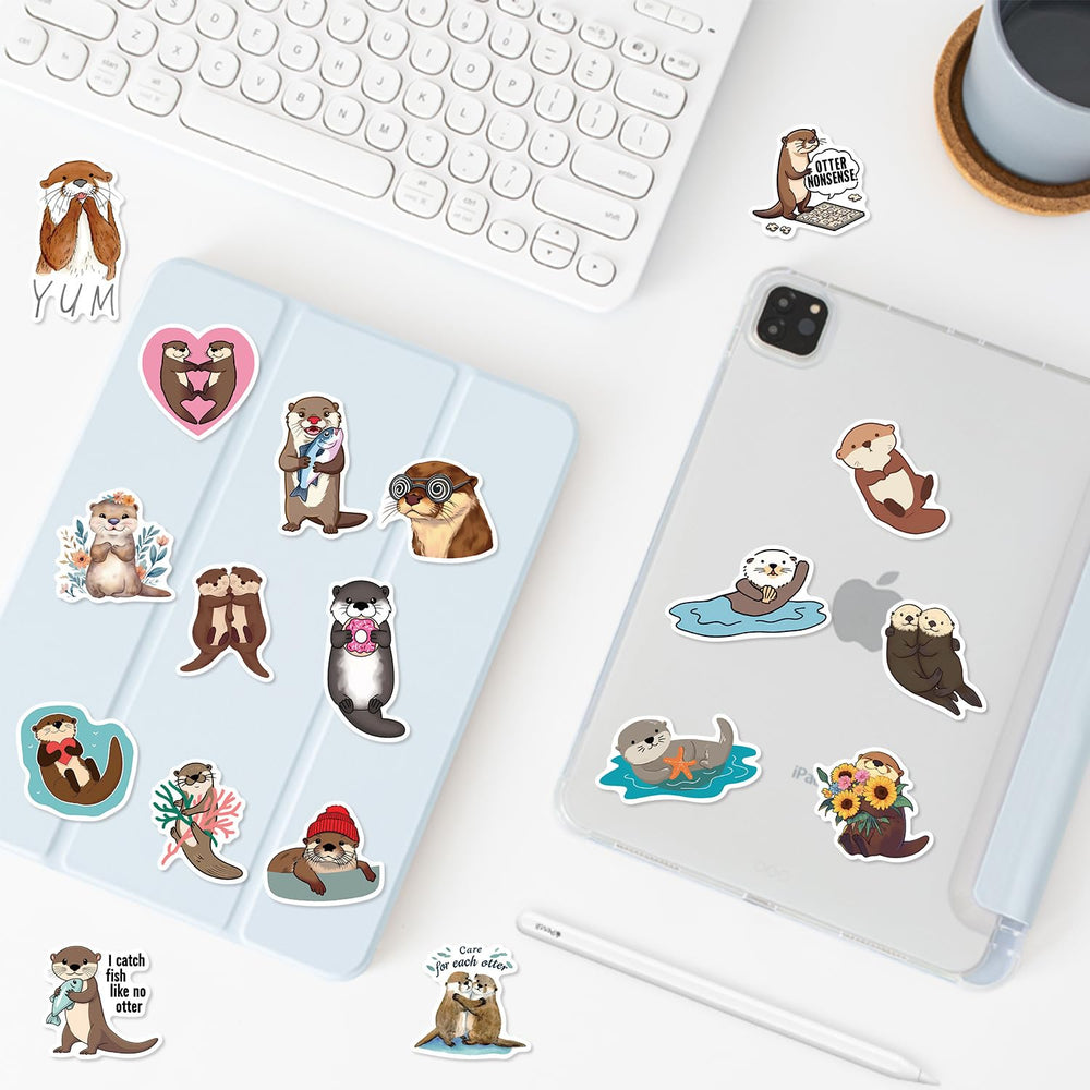 Jaurney otter stickers for multiple surfaces like water bottles, phones, and mugs.