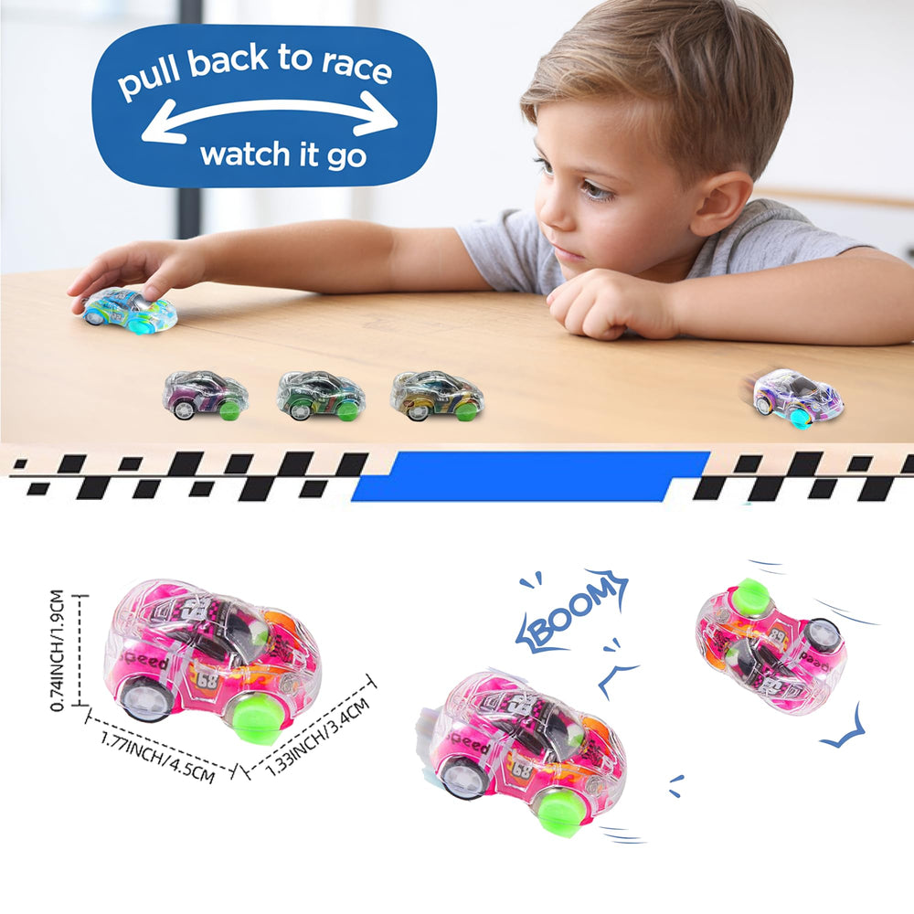 Close-up of JAXXERO pull-back cars in bright colors
