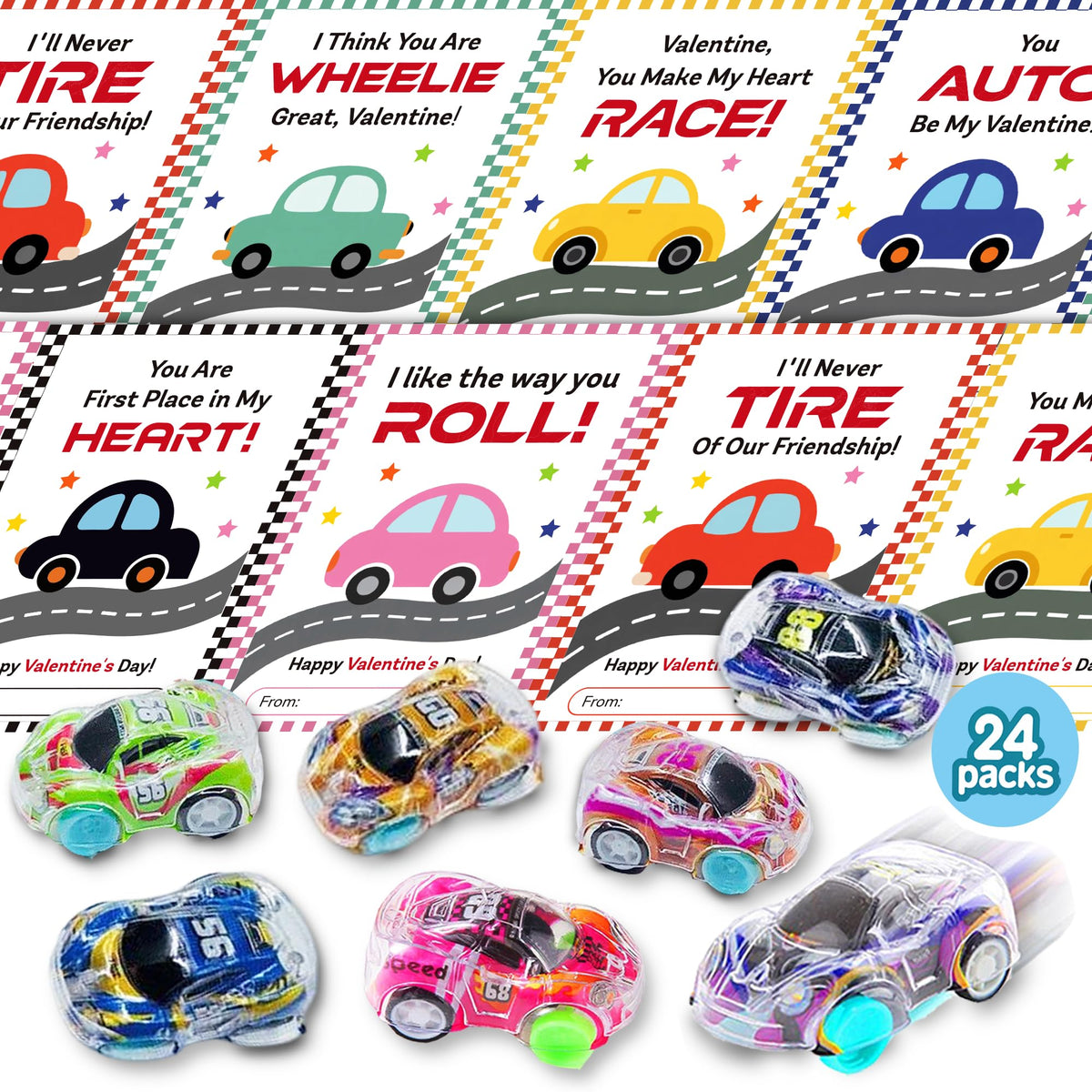JAXXERO valentines cards with mini pull-back cars for classroom exchanges