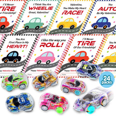 JAXXERO valentines cards with mini pull-back cars for classroom exchanges