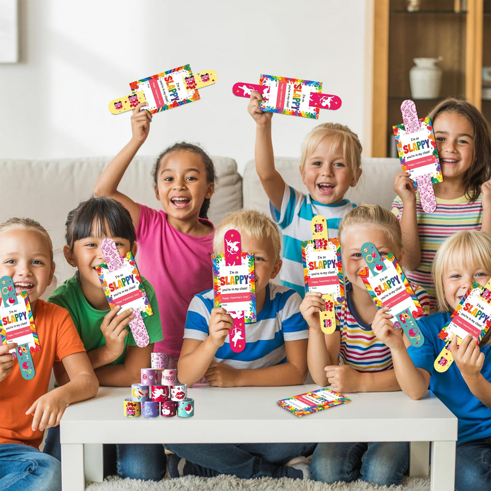 Colorful JAXXERO slap bracelets paired with valentines cards for kids.