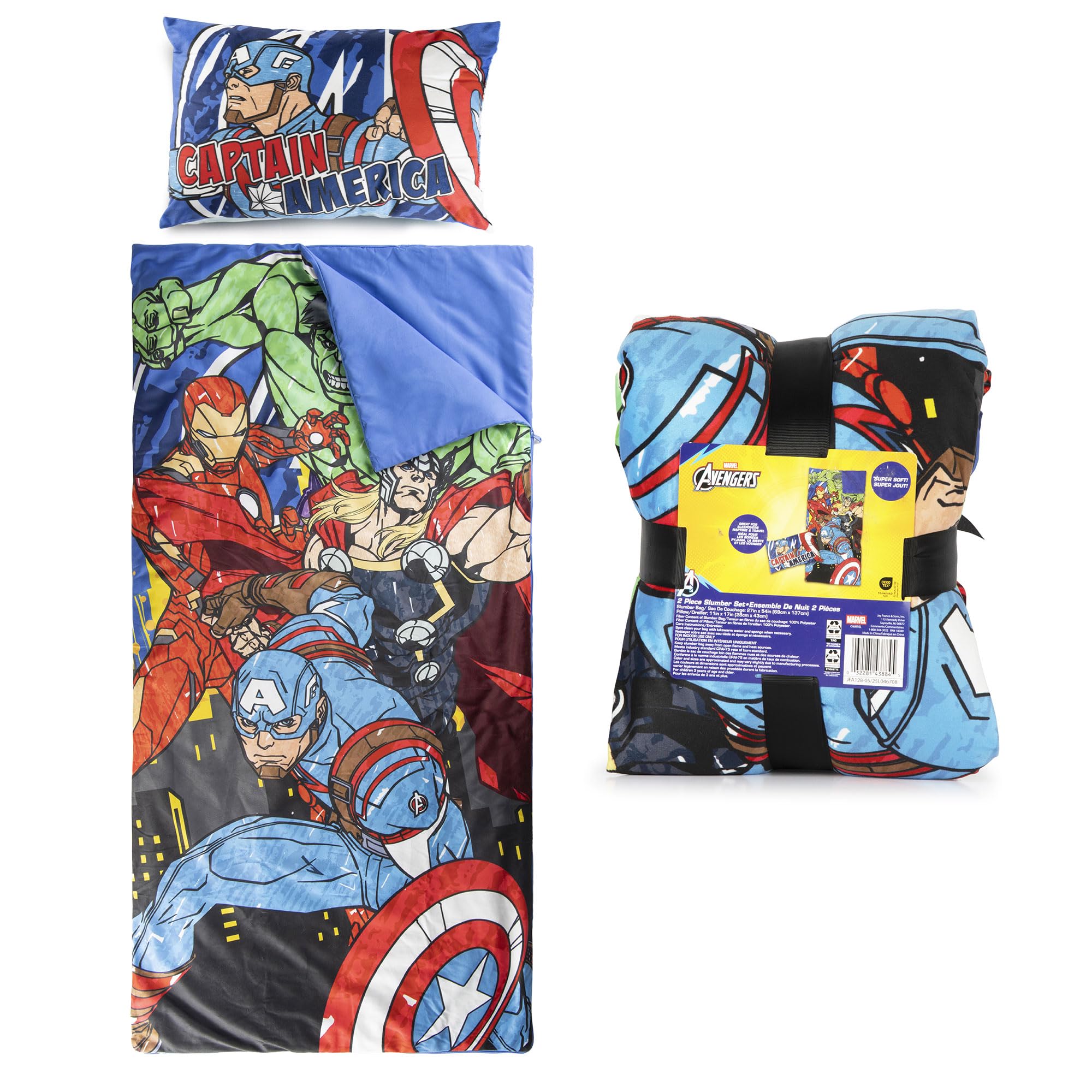Jay Franco Avengers slumber bag laid flat for cozy indoor naps.