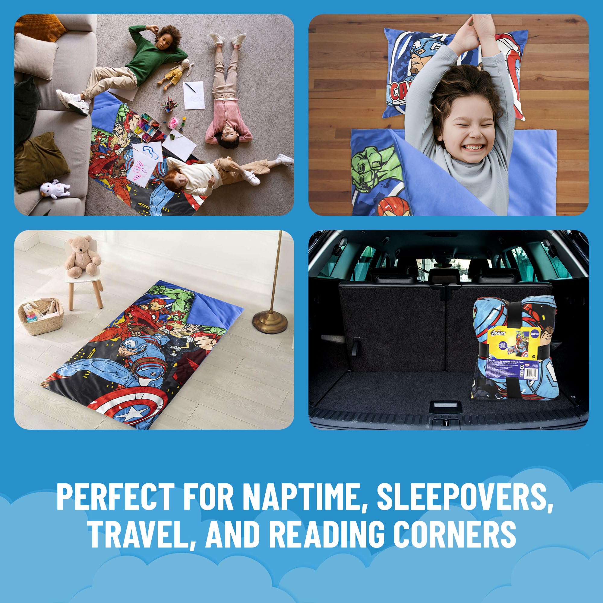 Slumber bag on kid-sized bed showcasing playful Avengers design.