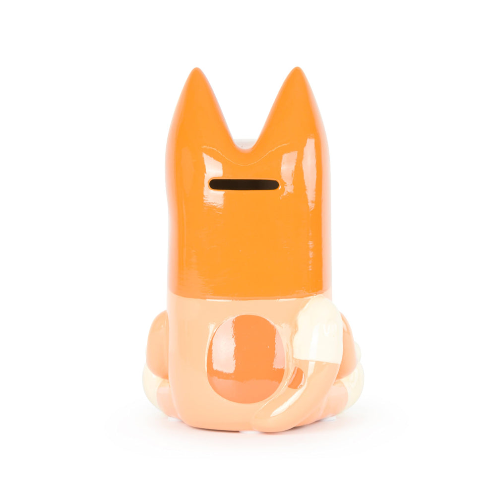 Jay Franco Bluey Bingo ceramic piggy bank bottom stopper enables easy savings access.