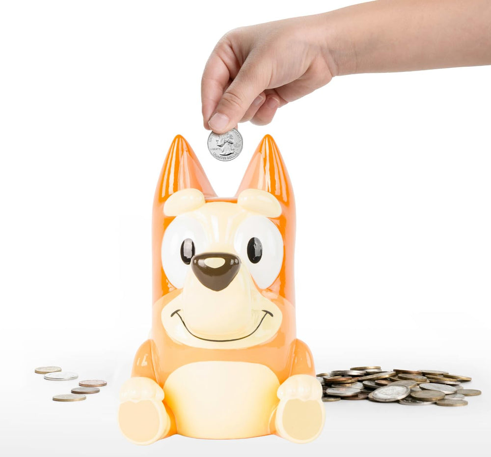Jay Franco Bluey Bingo ceramic piggy bank front view for kids' savings and decor.