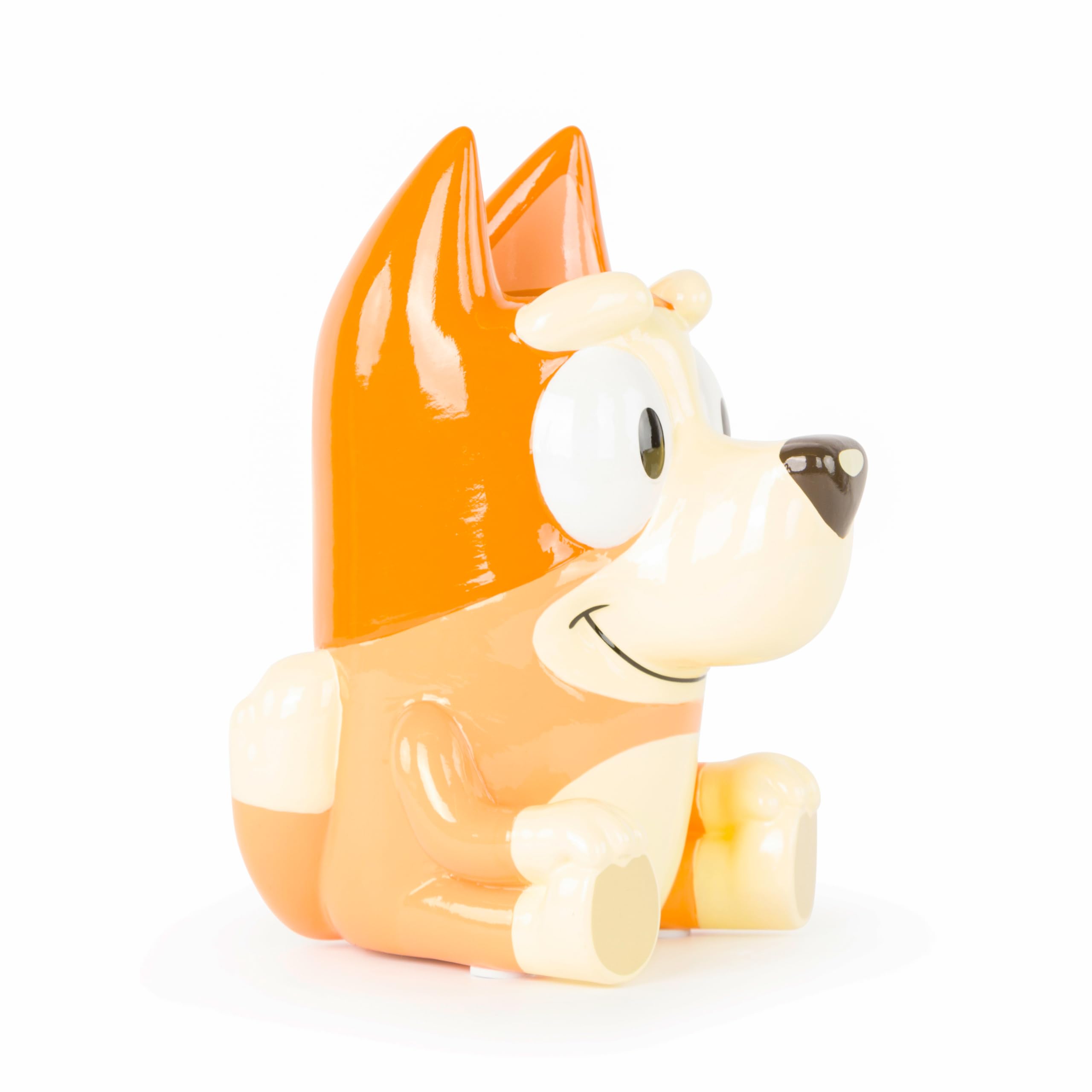 Jay Franco Bluey Bingo ceramic piggy bank rear view showcases durable kids' money box.