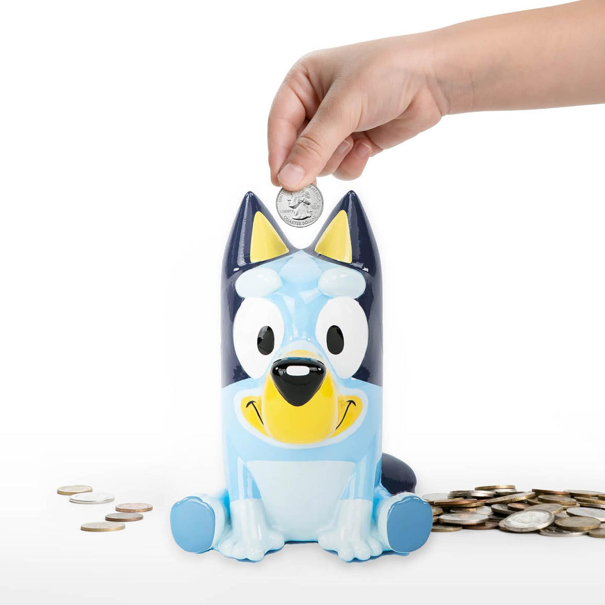 Jay Franco Bluey ceramic piggy bank front view promotes easy saving for kids.