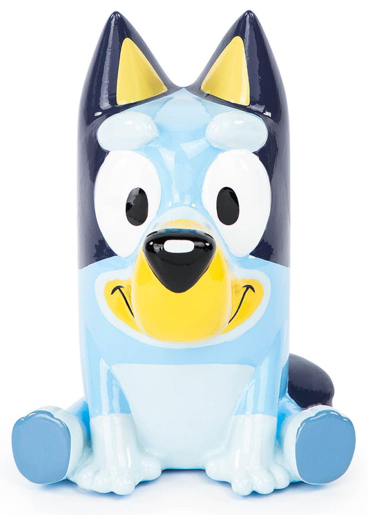 Jay Franco Bluey ceramic piggy bank side view encourages routine coin deposits.