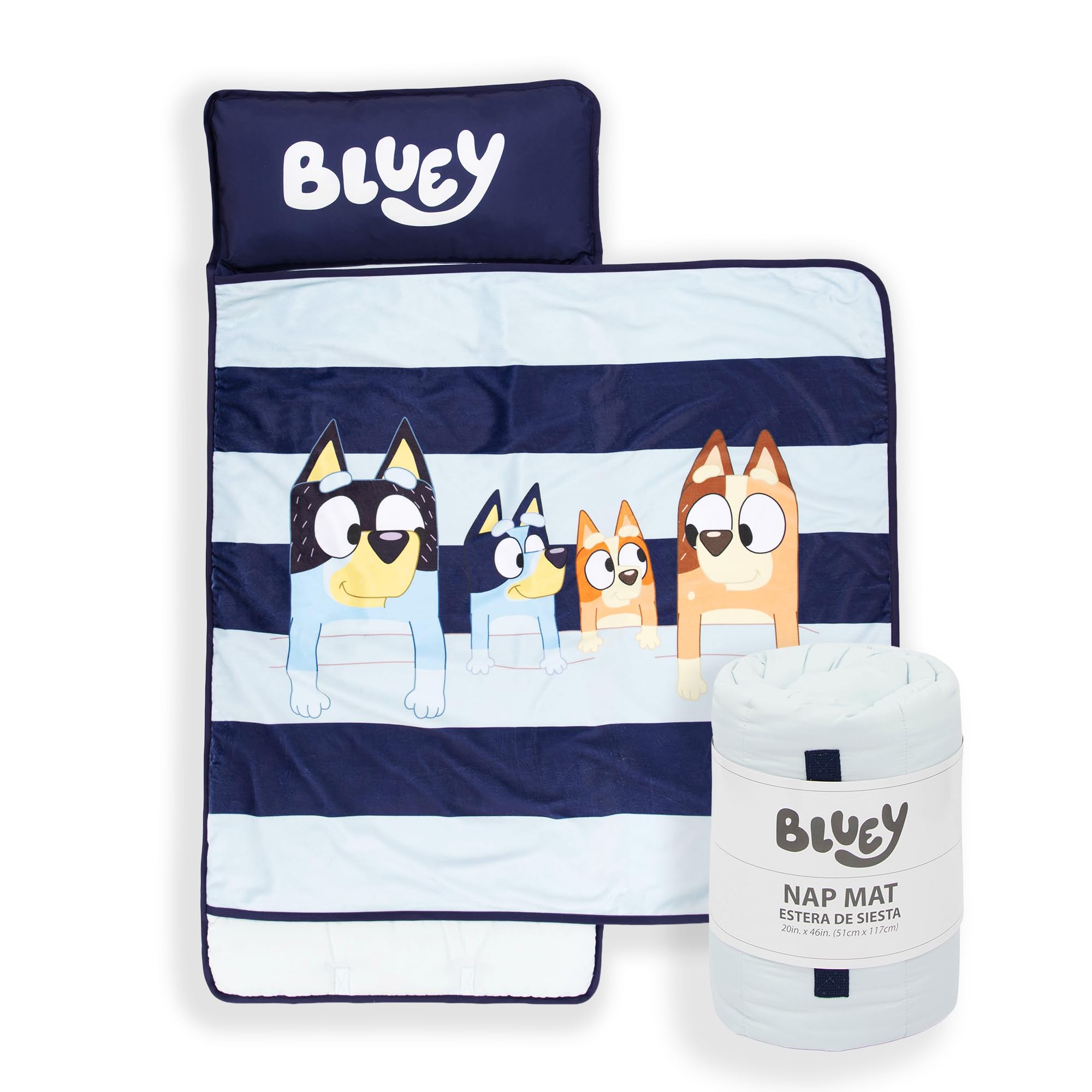 Jay Franco Bluey nap mat with embedded pillow for cozy nap time.