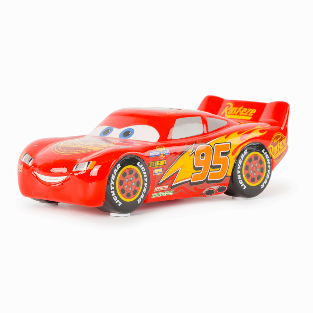 Jay Franco Disney Cars piggy bank bottom with rubber stopper for easy coin retrieval.