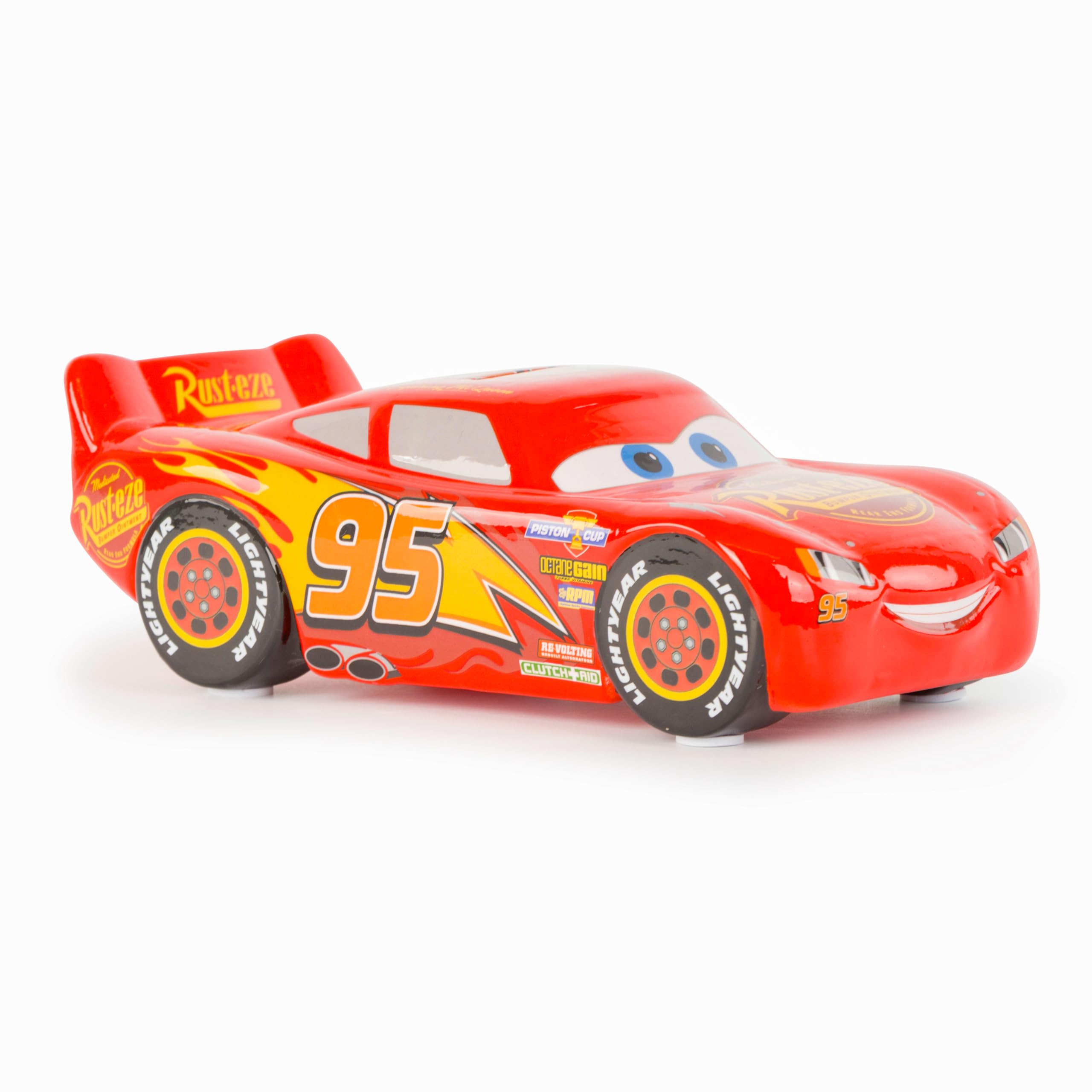 Jay Franco Disney Cars decor piggy bank shown in a kid's room for playful storage.