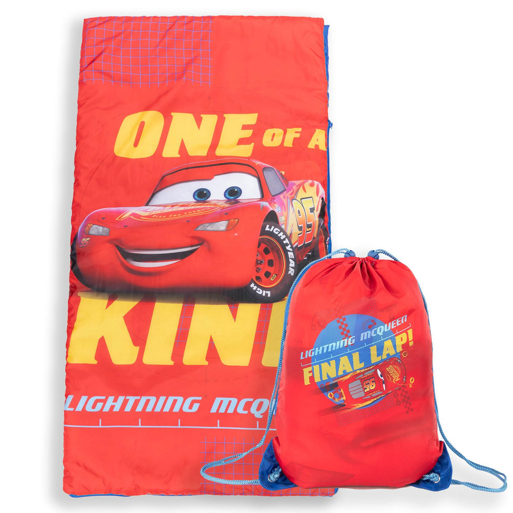 Jay Franco Cars slumber sack featuring Lighting McQueen graphic for cozy sleepovers.