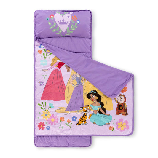 Jay Franco Disney Princess nap mat built-in blanket offers cozy warmth for rest time.